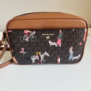 Michael Kors Crossbody Bag Brown MK Logo Whimsical People Horse Dog Medium NWOT